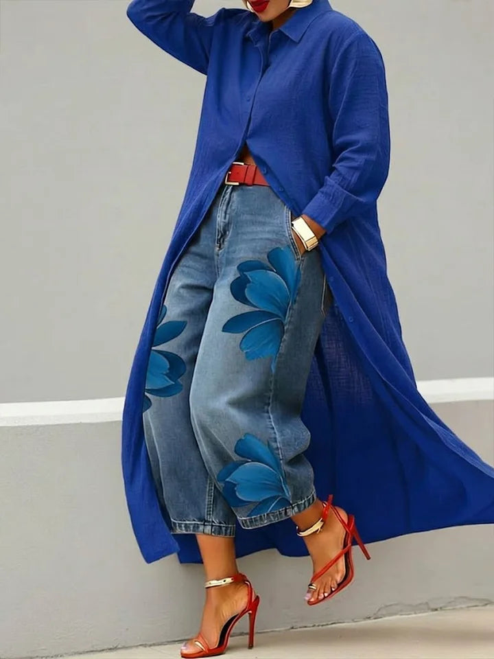 Maud™ - Linen Shirt Dress and Floral Jeans