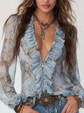 The Kaia™ | Serene Blue Ruffle Zip Blouse