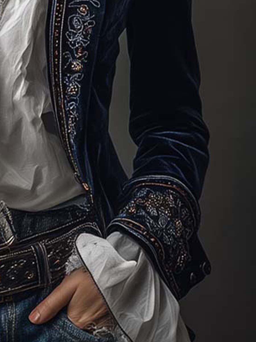 Seraphina | Vintage Navy Velvet Embroidered Long Jacket