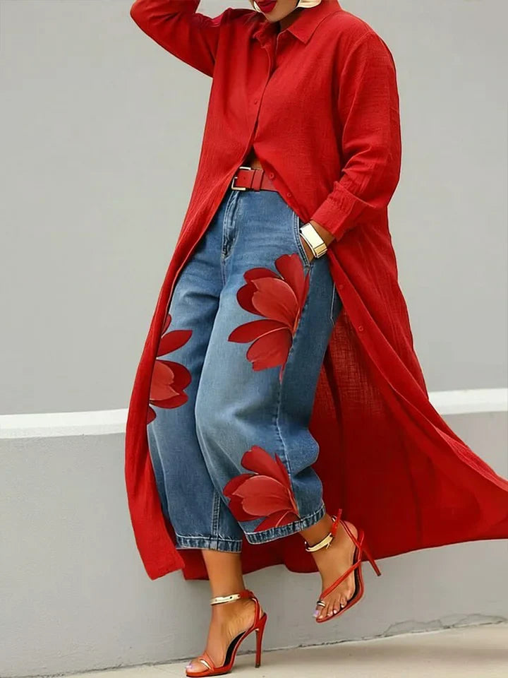 Maud™ - Linen Shirt Dress and Floral Jeans