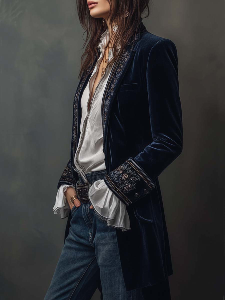 Seraphina | Vintage Navy Velvet Embroidered Long Jacket