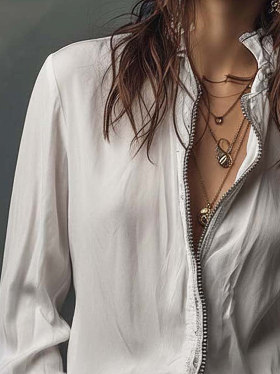 Aurelia | White Zip-Front Blouse With Flounce Cuffs