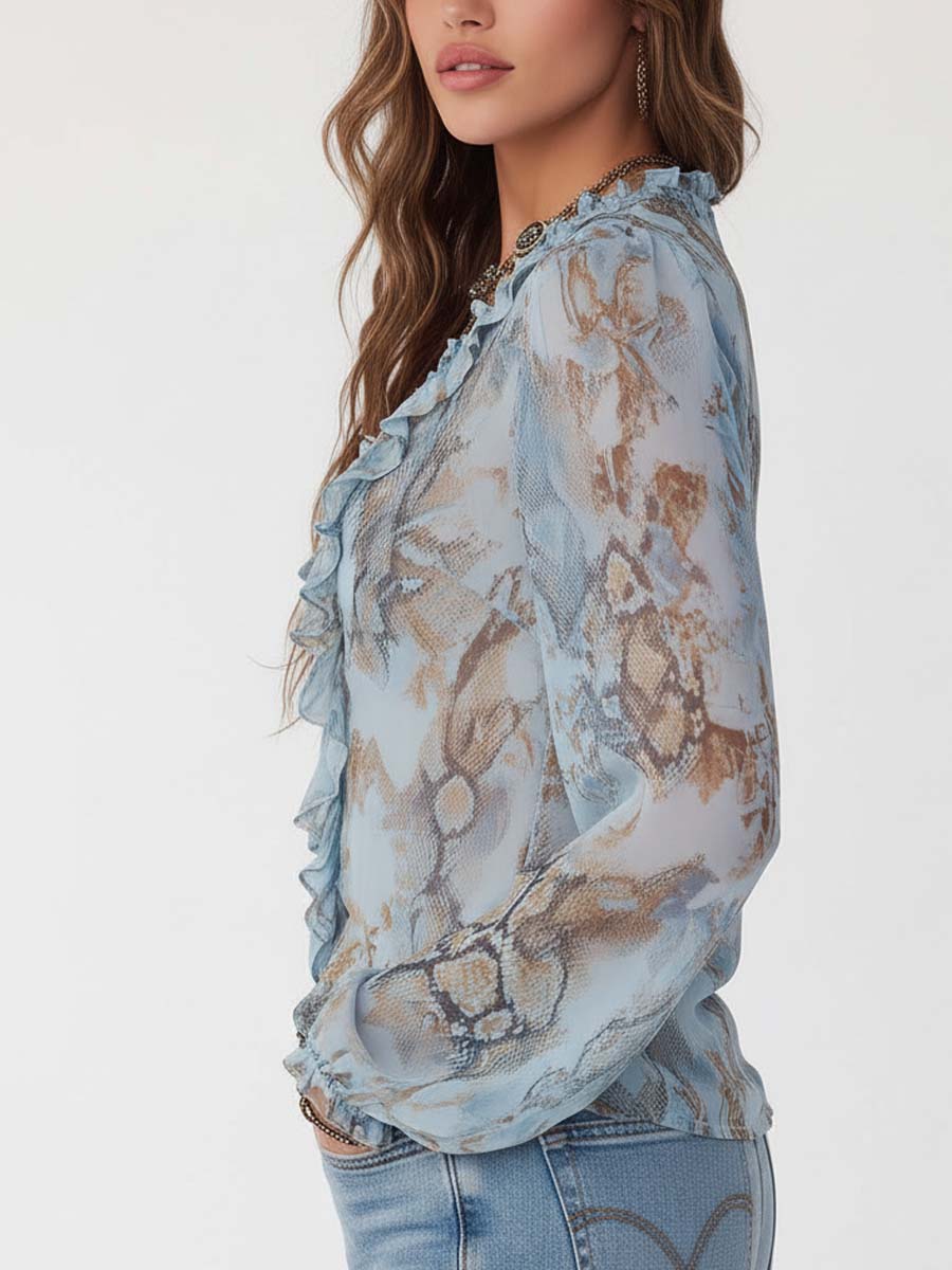 The Kaia™ | Serene Blue Ruffle Zip Blouse