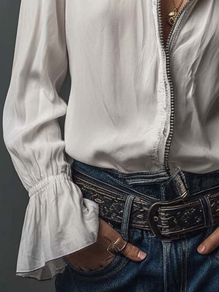 Aurelia | White Zip-Front Blouse With Flounce Cuffs