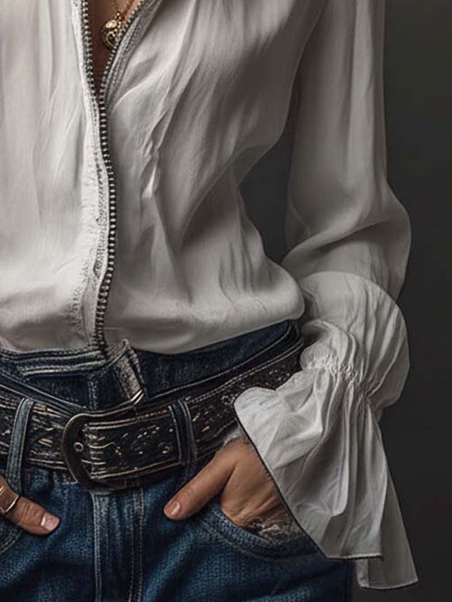 Aurelia | White Zip-Front Blouse With Flounce Cuffs