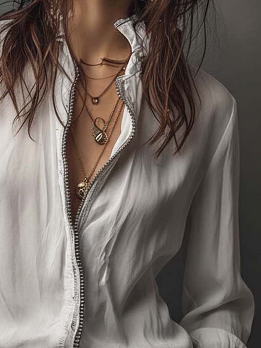 Aurelia | White Zip-Front Blouse With Flounce Cuffs