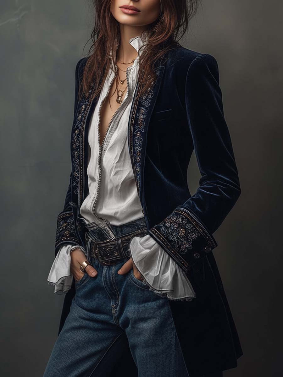 Seraphina | Vintage Navy Velvet Embroidered Long Jacket