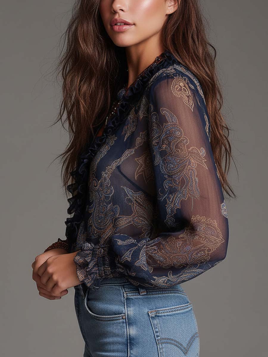 Kim | Navy Baroque Paisley Ruffle Zip Chiffon Blouse