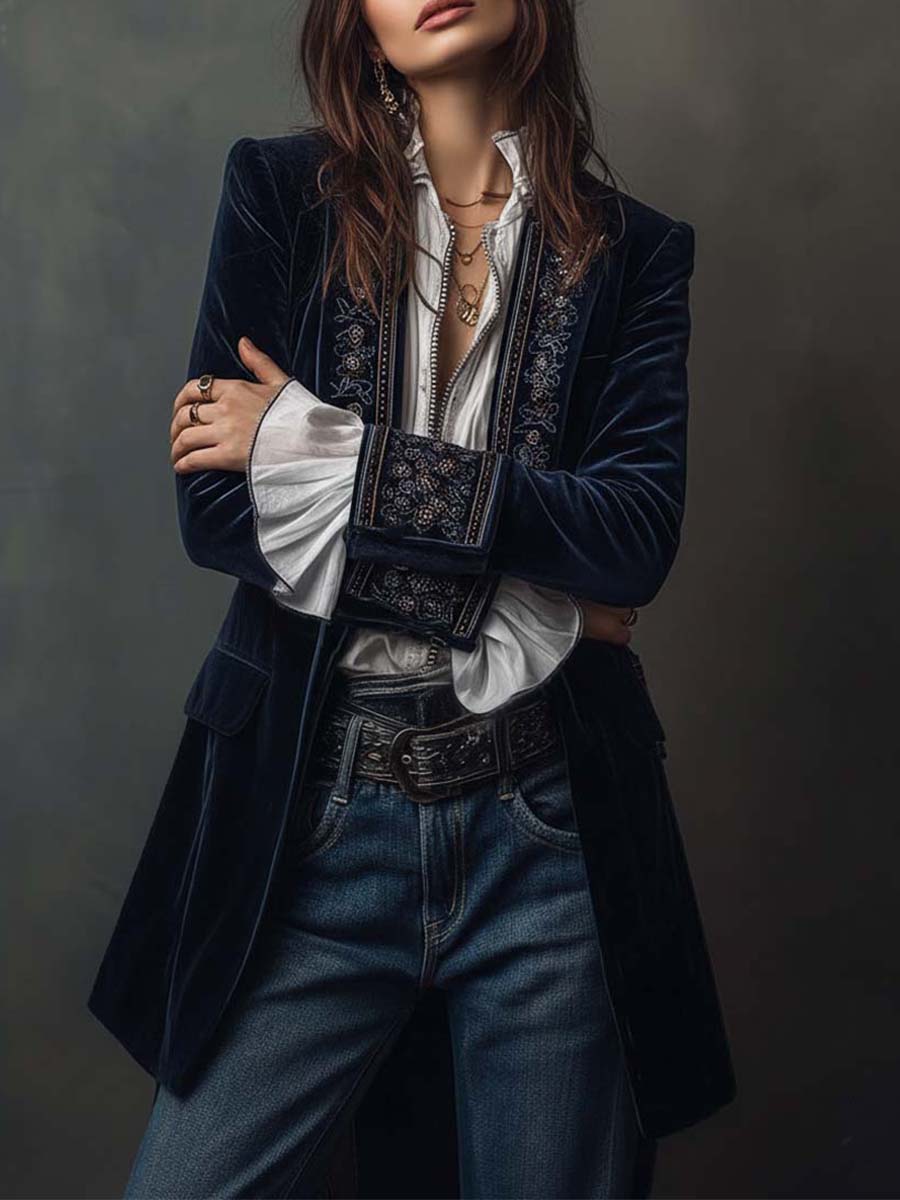 Seraphina | Vintage Navy Velvet Embroidered Long Jacket