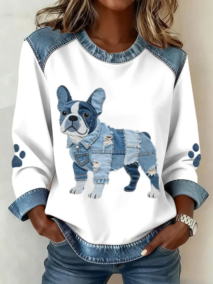 Lilah – Retro V-neck Denim Patchwork Dog Print Sweater