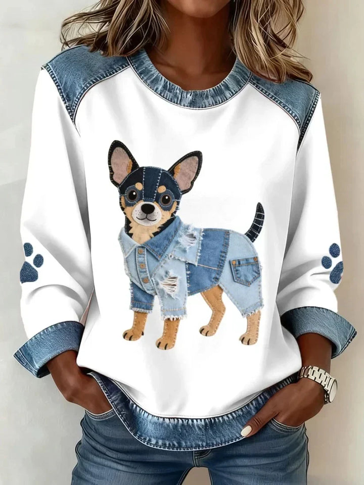 Lilah – Retro V-neck Denim Patchwork Dog Print Sweater