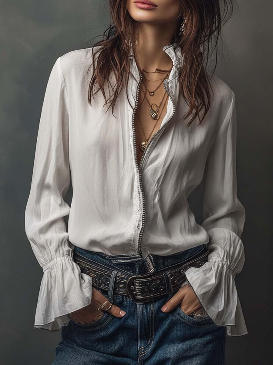 Aurelia | White Zip-Front Blouse With Flounce Cuffs
