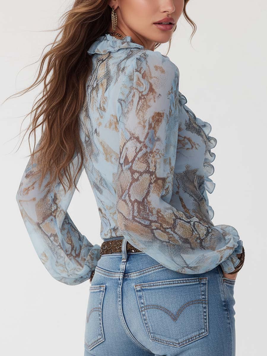 The Kaia™ | Serene Blue Ruffle Zip Blouse