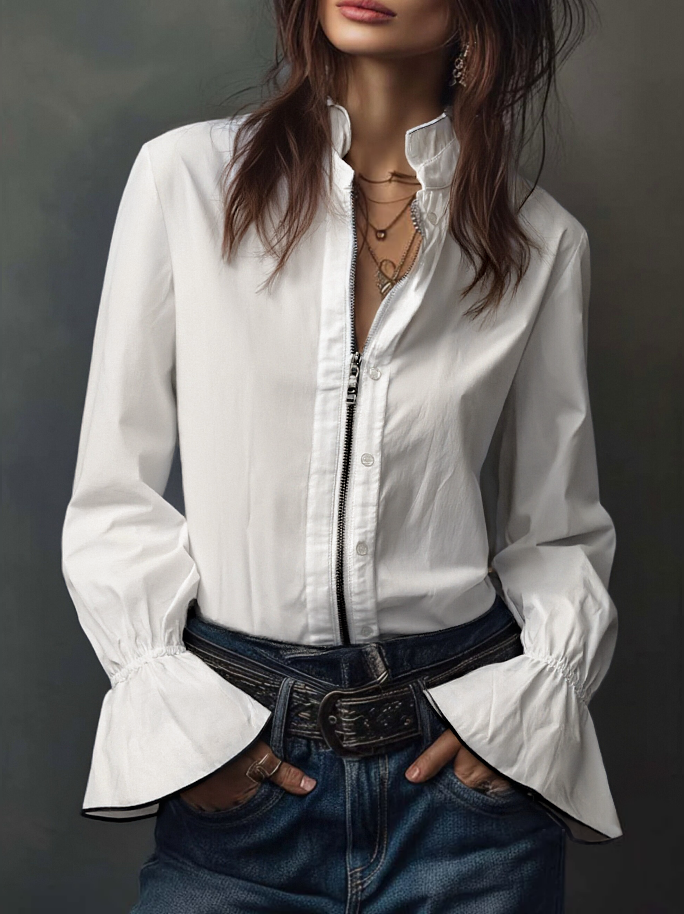 Aurelia | White Zip-Front Blouse With Flounce Cuffs