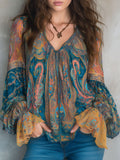 Sara™ | Bohemian Teal & Amber Paisley Chiffon Blouse With Ruffled Cuffs