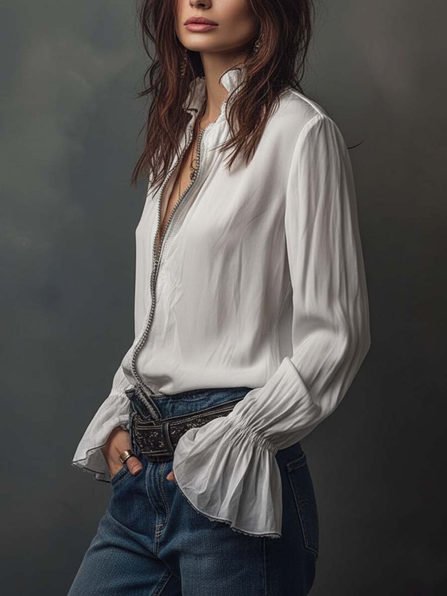Aurelia | White Zip-Front Blouse With Flounce Cuffs