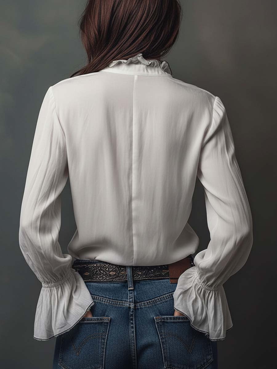 Aurelia | White Zip-Front Blouse With Flounce Cuffs