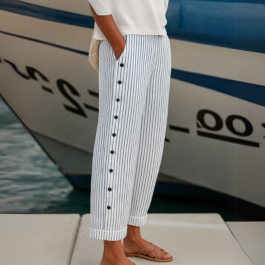 Caitlin | Stylish Linen-Cotton Striped Button Pants