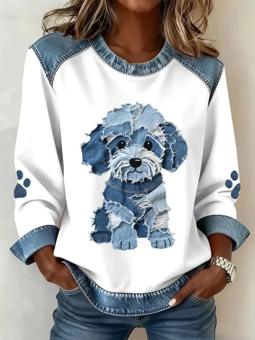 Lilah – Retro V-neck Denim Patchwork Dog Print Sweater