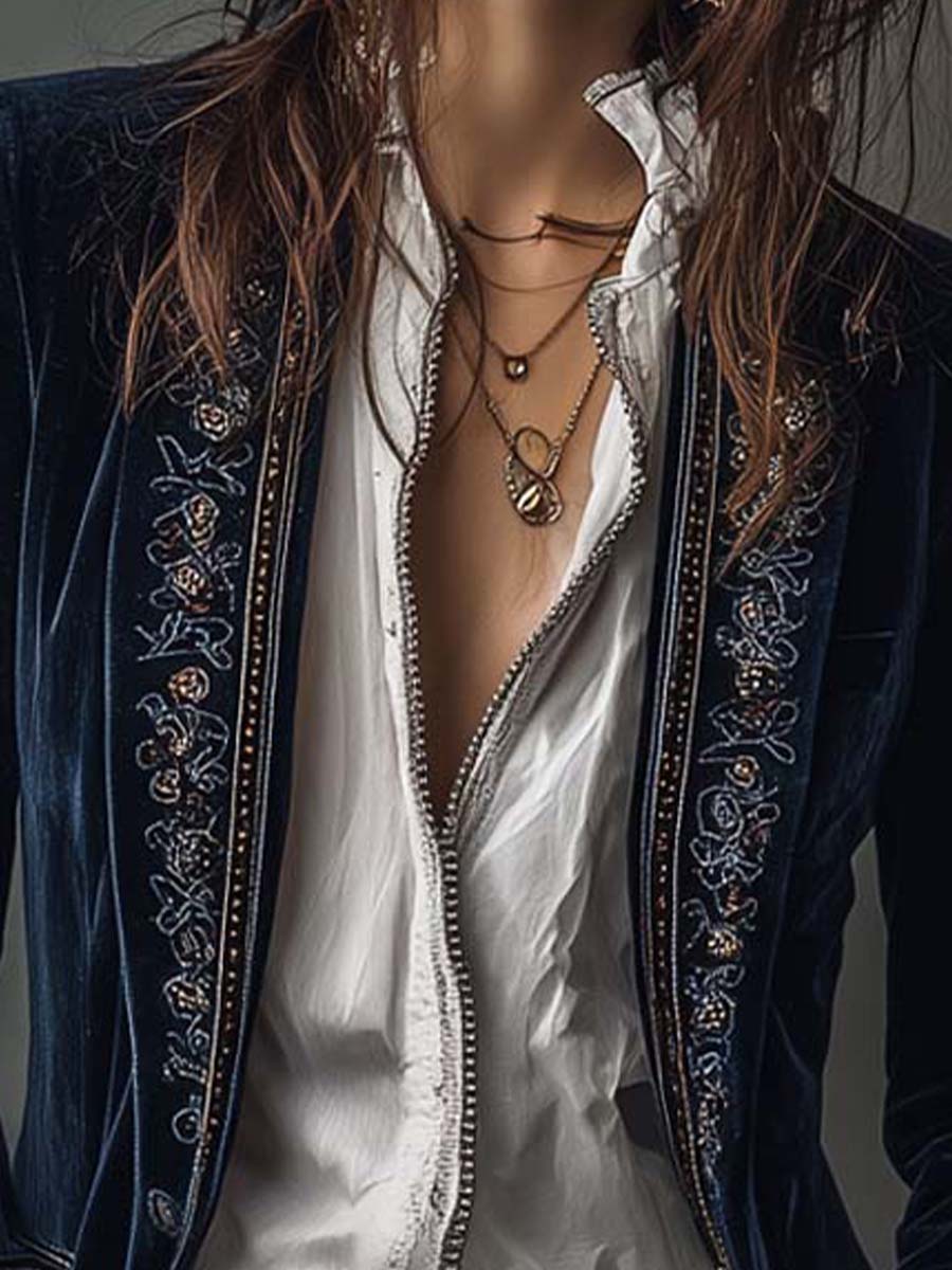 Seraphina | Vintage Navy Velvet Embroidered Long Jacket