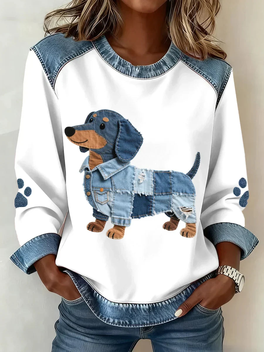 Lilah – Retro V-neck Denim Patchwork Dog Print Sweater