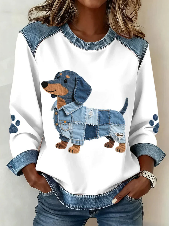 Lilah – Retro V-neck Denim Patchwork Dog Print Sweater