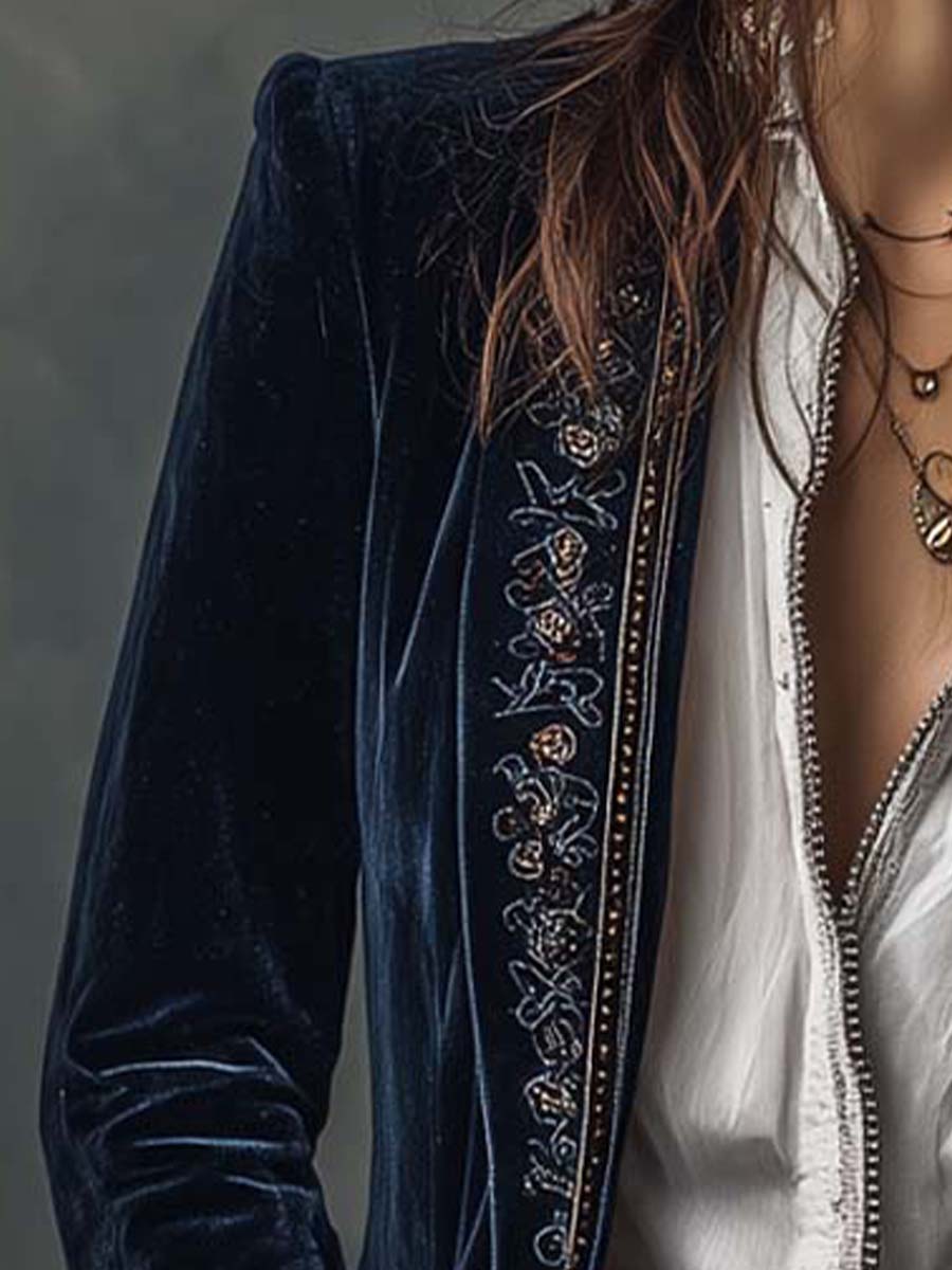 Seraphina | Vintage Navy Velvet Embroidered Long Jacket
