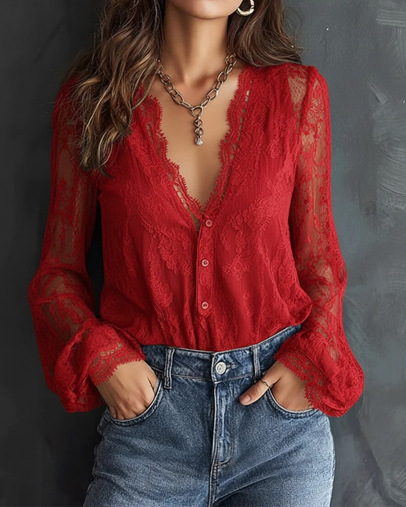 The Camille™ | Vintage Lace V-Neck Blouse