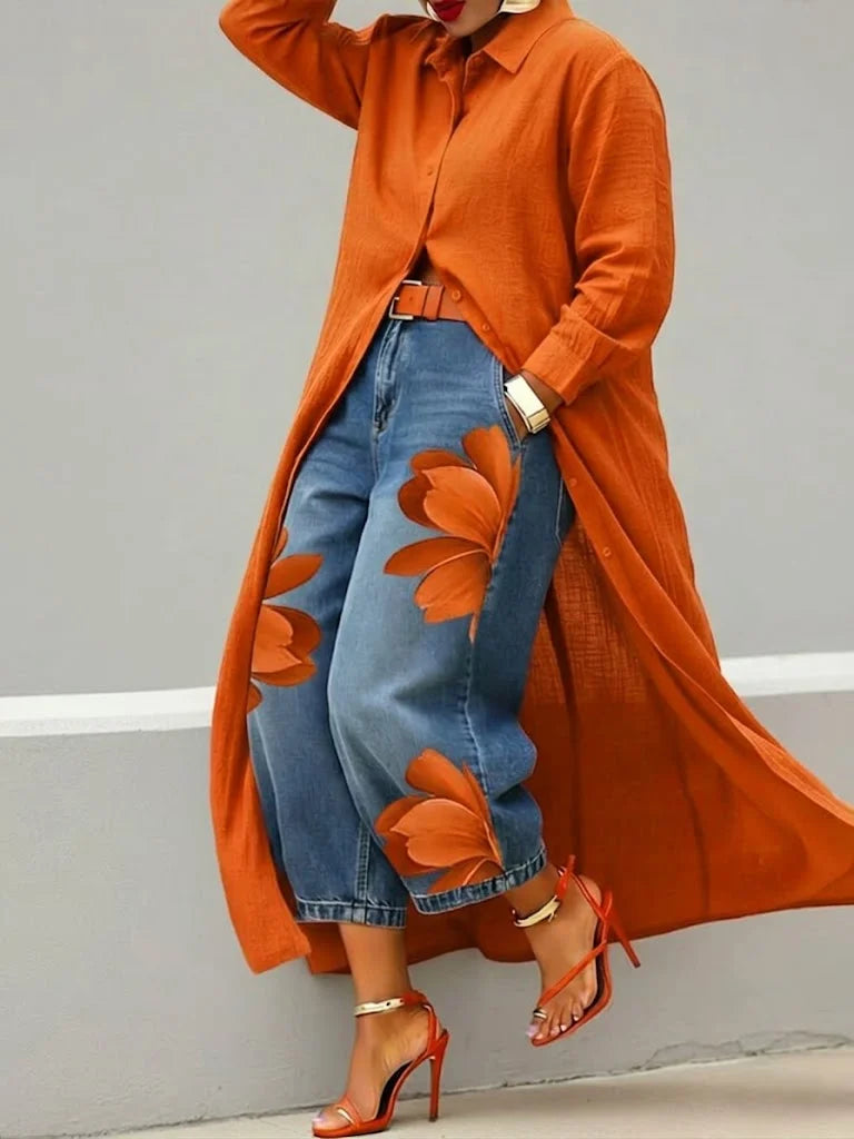 Maud™ - Linen Shirt Dress and Floral Jeans