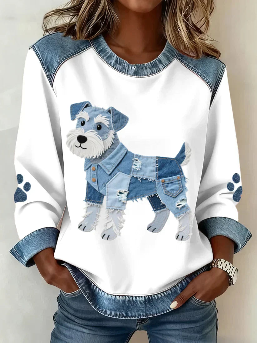 Lilah – Retro V-neck Denim Patchwork Dog Print Sweater