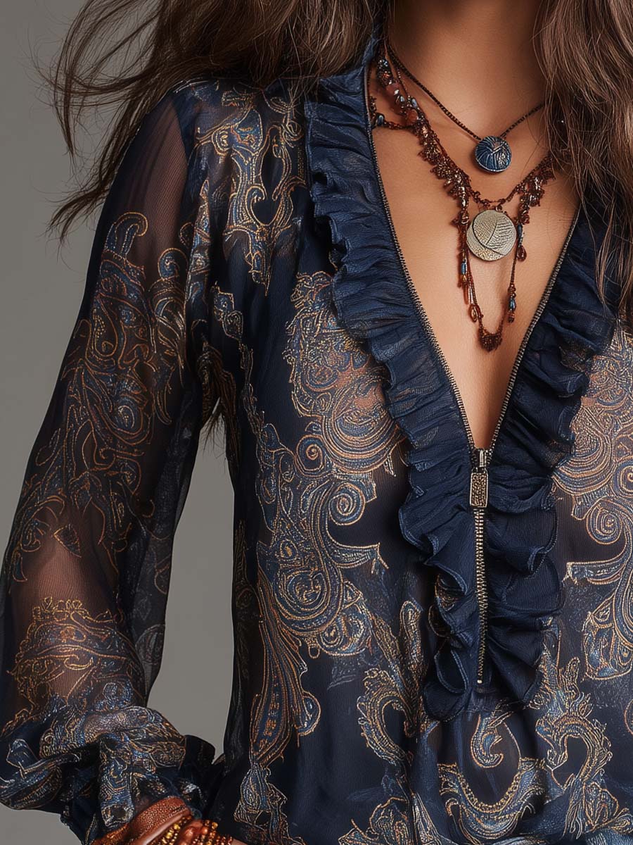 Kim | Navy Baroque Paisley Ruffle Zip Chiffon Blouse