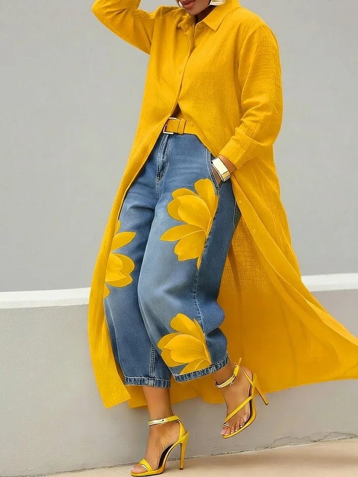 Maud™ - Linen Shirt Dress and Floral Jeans