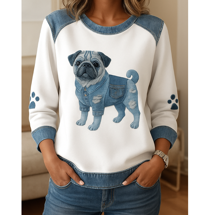 Lilah – Retro V-neck Denim Patchwork Dog Print Sweater