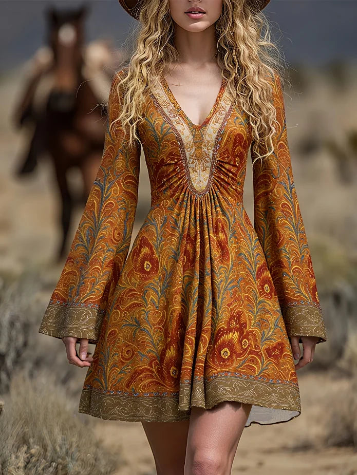 The Freya™ | Vintage Boho Flare-Sleeve Mini Dress