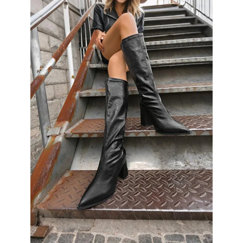 Women's Brown Knee-High Boots - Faux Leather Pointed Toe Block Heel Long Boots for Street Style, Casual Fall Winter Outfits and Everyday Wear