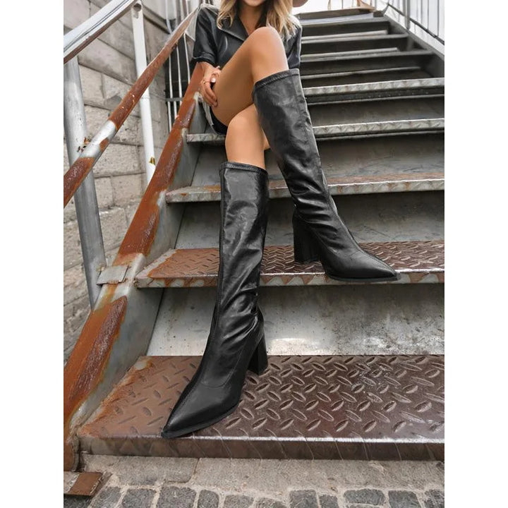 Women's Brown Knee-High Boots - Faux Leather Pointed Toe Block Heel Long Boots for Street Style, Casual Fall Winter Outfits and Everyday Wear