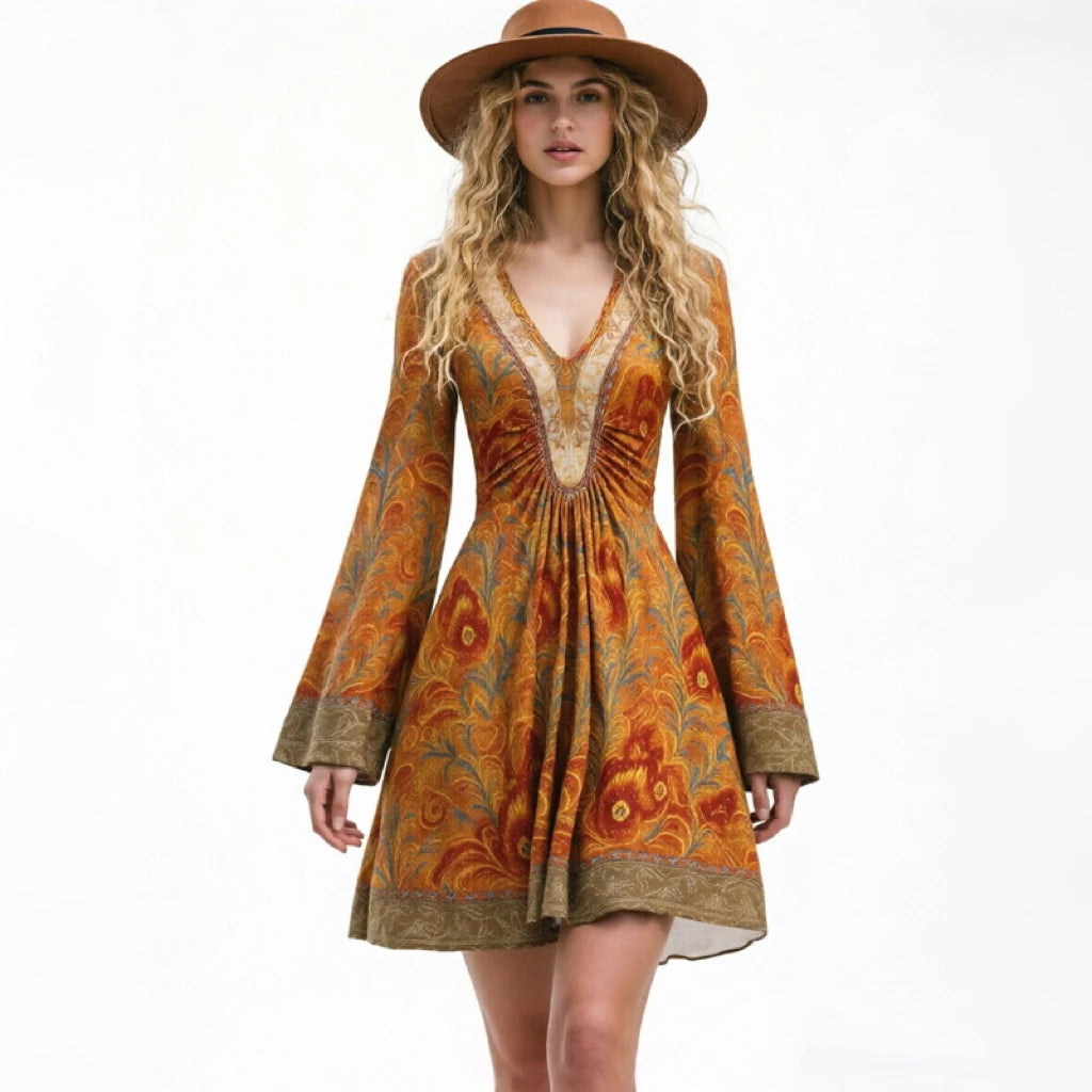 The Freya™ | Vintage Boho Flare-Sleeve Mini Dress