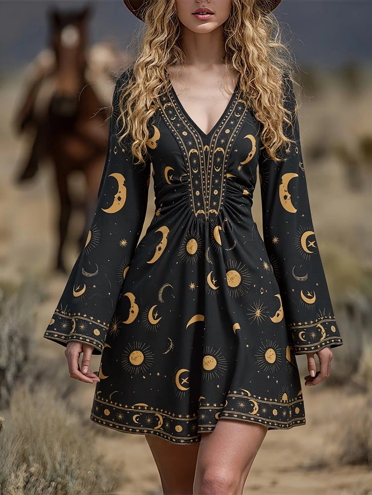 The Freya™ | Vintage Boho Flare-Sleeve Mini Dress