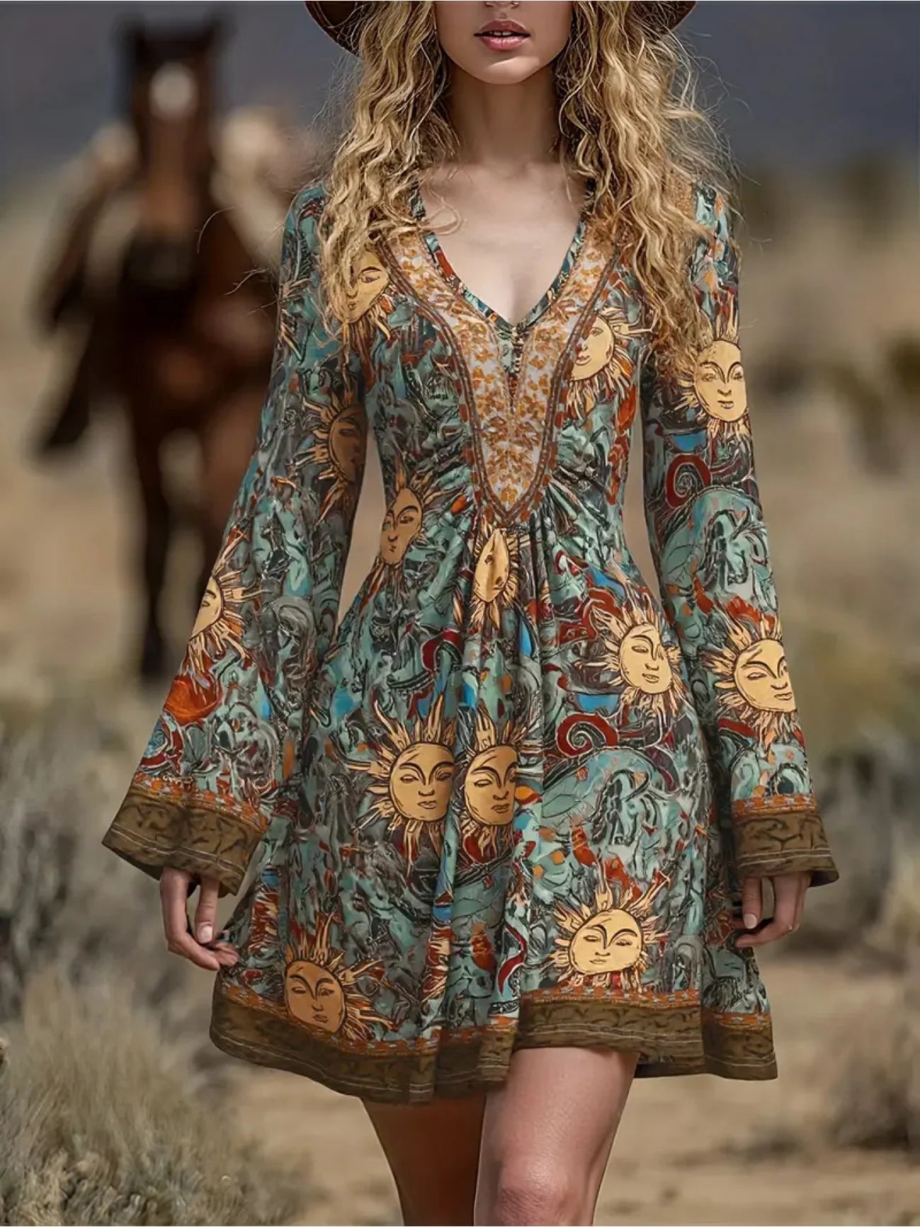 The Freya™ | Vintage Boho Flare-Sleeve Mini Dress