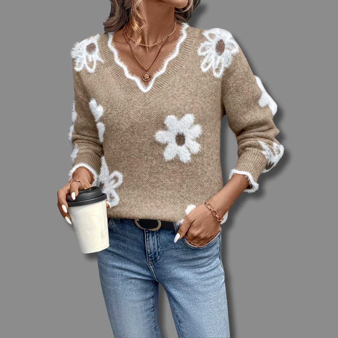 Thea | Elegant V-Neck Floral Sweater
