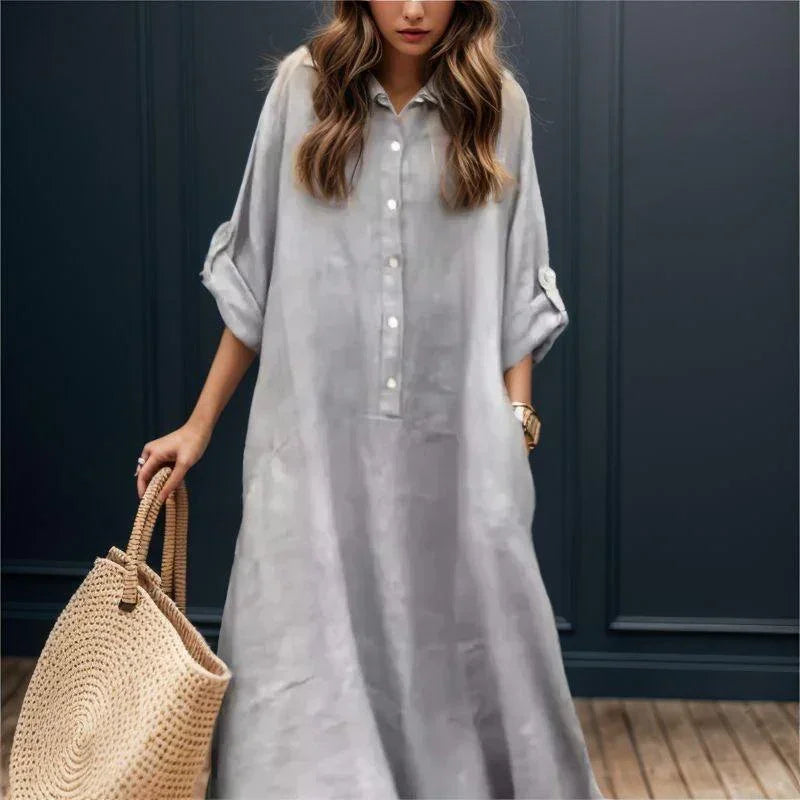 Clothilde™ | Cotton Linen Dress with a Loose Fit / Lightweight Style with Elegant Buttons and Adjustable Sleeves!