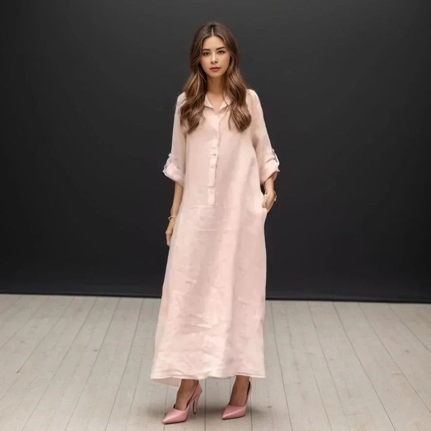 Clothilde™ | Cotton Linen Dress with a Loose Fit / Lightweight Style with Elegant Buttons and Adjustable Sleeves!