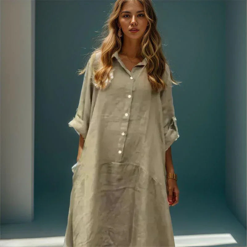 Clothilde™ | Cotton Linen Dress with a Loose Fit / Lightweight Style with Elegant Buttons and Adjustable Sleeves!