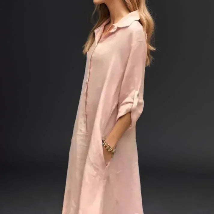 Clothilde™ | Cotton Linen Dress with a Loose Fit / Lightweight Style with Elegant Buttons and Adjustable Sleeves!