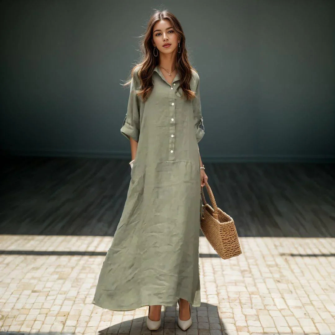 Clothilde™ | Cotton Linen Dress with a Loose Fit / Lightweight Style with Elegant Buttons and Adjustable Sleeves!