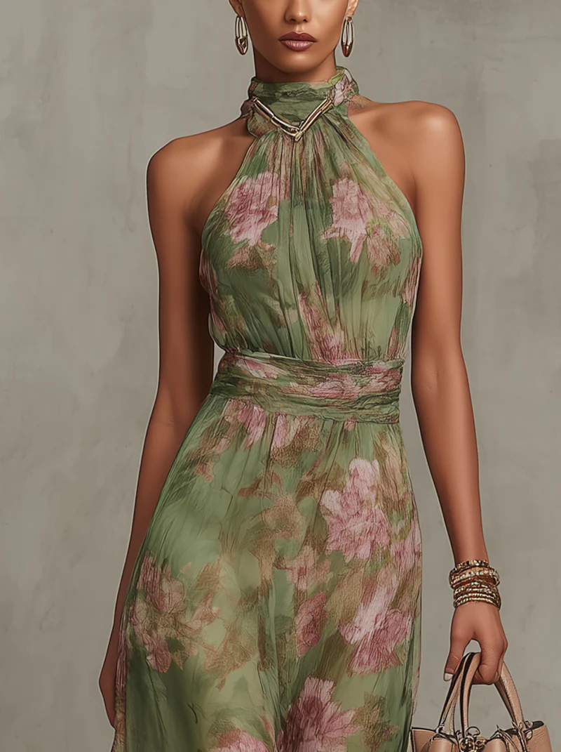 Jazina | Green Maxi Chiffon Dress with Halter Neck