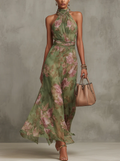 Jazina | Green Maxi Chiffon Dress with Halter Neck