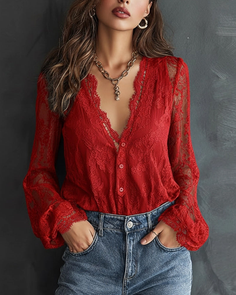 The Camille™ | Vintage Lace V-Neck Blouse