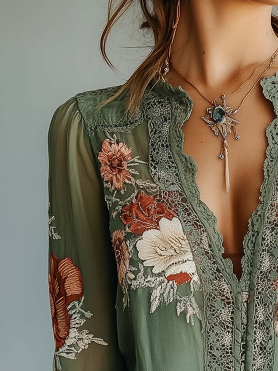 The Isla™ | Vintage Sage Floral Lace Blouse