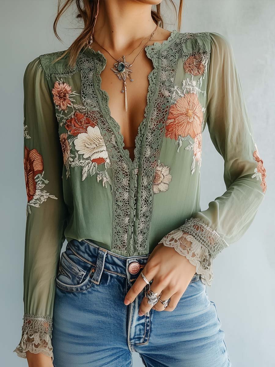 The Isla™ | Vintage Sage Floral Lace Blouse